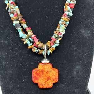 Vintage Chunky 3 Strand Red Sponge Coral Turquoise Necklace 20" + 2.5" Pendant